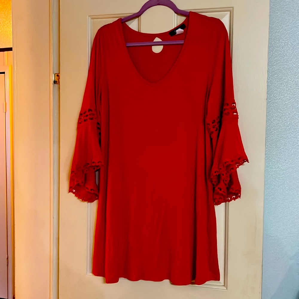 Fury Boho Red Dress Lace Bell Sleeves Size 1X Keyhole Back